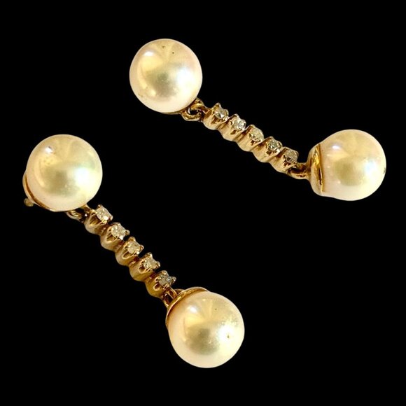 Pearl and Diamond Drop 14K Earrings Vintage - Picture 8 of 10